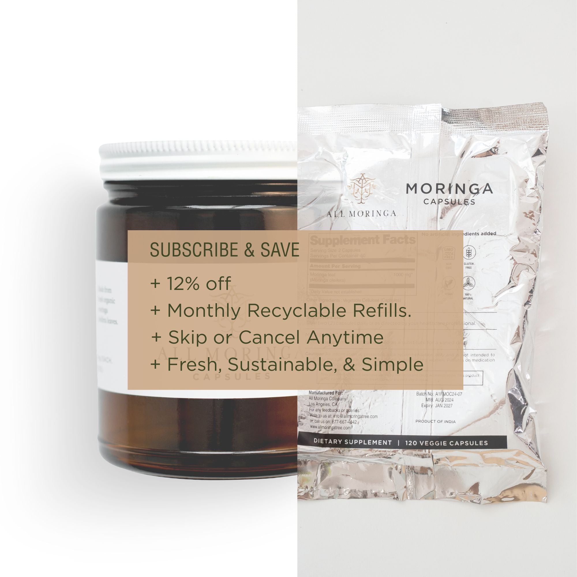 Premium Organic Moringa leaf Powder Supplements in Vegan Capsules 120ct in a Glass Jar. Non-GMO, Complete Green Superfood-4