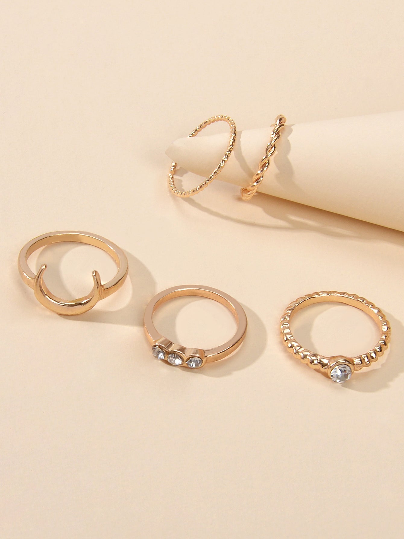 5pcs Fashion Rhinestone Decor Gold Metal Moon Midi Finger Knuckle Rings Set Band-2