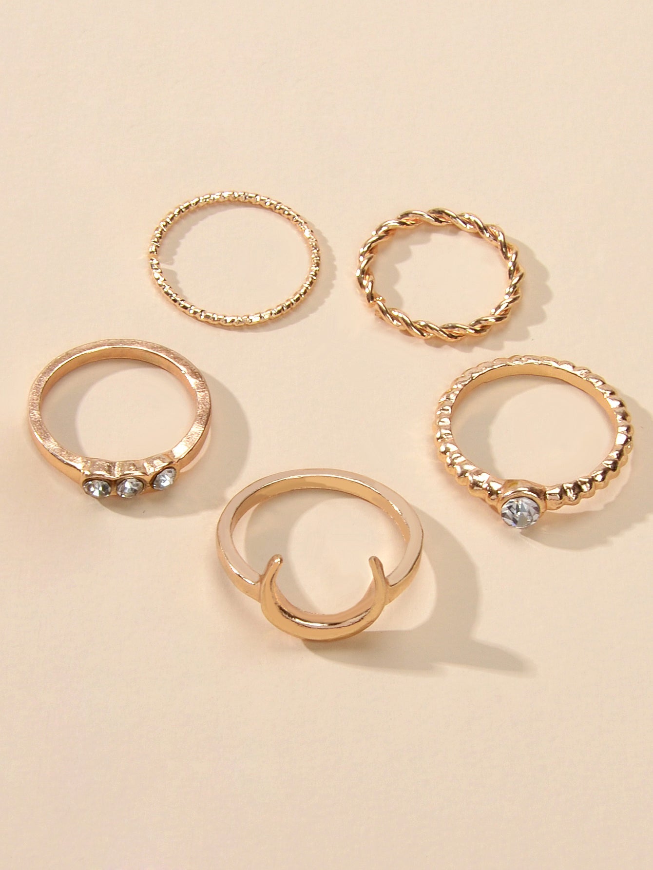 5pcs Fashion Rhinestone Decor Gold Metal Moon Midi Finger Knuckle Rings Set Band-1