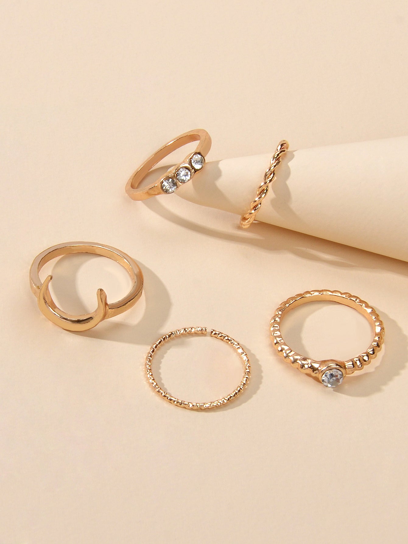 5pcs Fashion Rhinestone Decor Gold Metal Moon Midi Finger Knuckle Rings Set Band-3