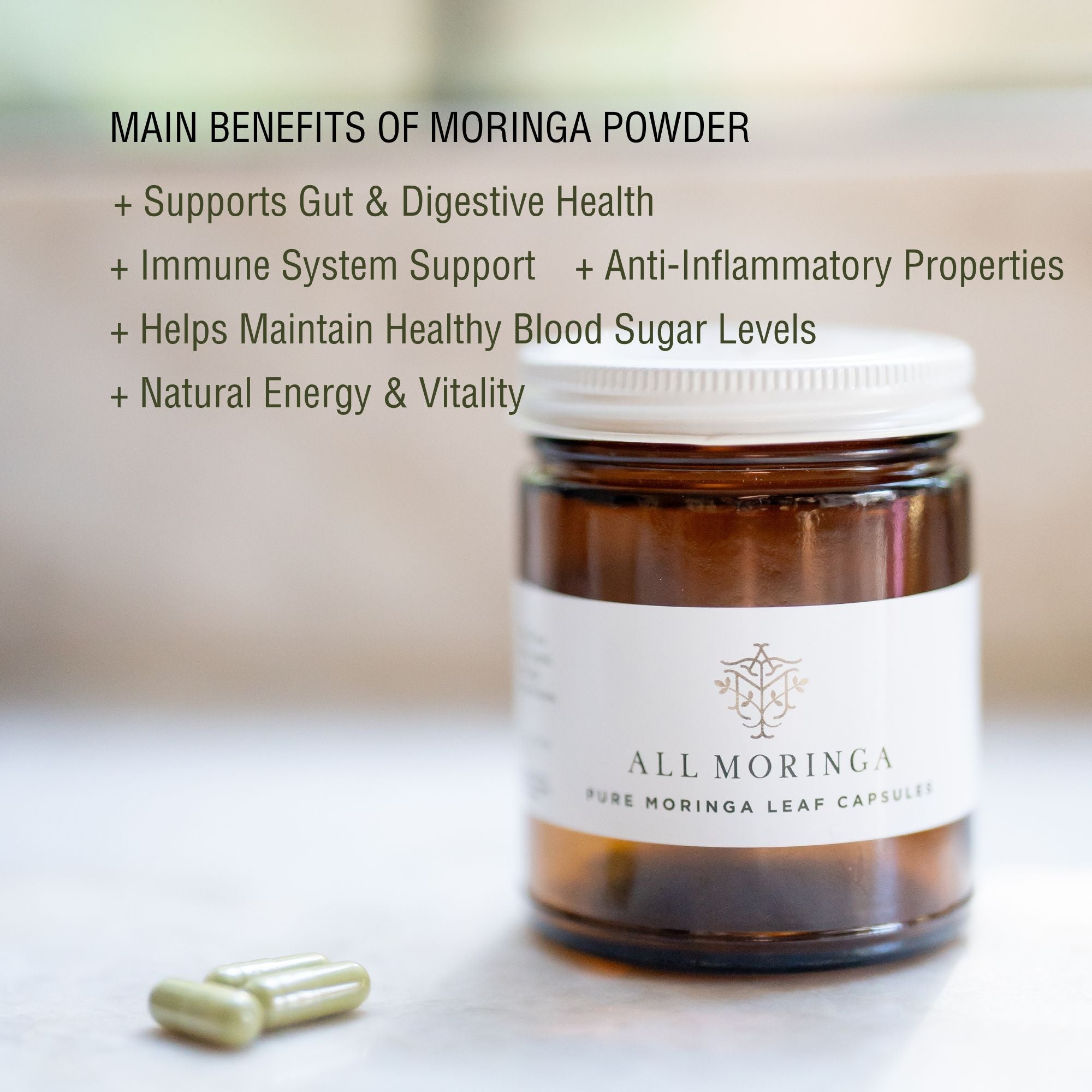Premium Organic Moringa leaf Powder Supplements in Vegan Capsules 120ct in a Glass Jar. Non-GMO, Complete Green Superfood-2