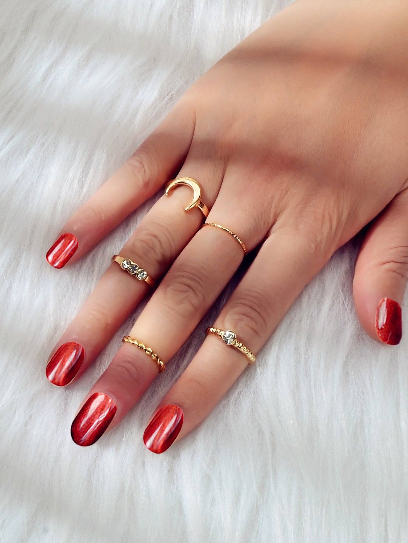 5pcs Fashion Rhinestone Decor Gold Metal Moon Midi Finger Knuckle Rings Set Band-4