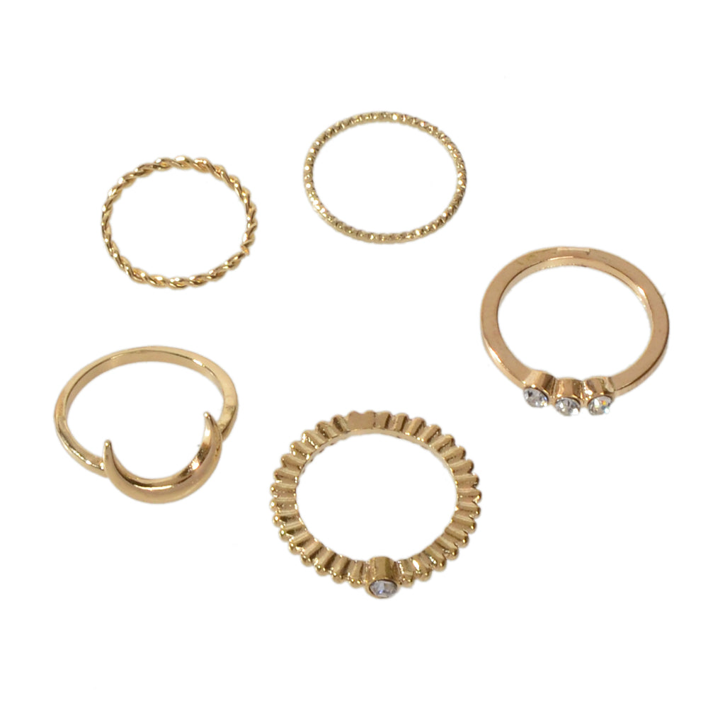 5pcs Fashion Rhinestone Decor Gold Metal Moon Midi Finger Knuckle Rings Set Band-0